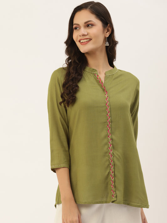 Olive Green Embroidered Thread Work Thread Work Kurti