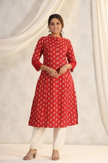 INDYES Ethnic Motifs Printed Regular Pure Cotton Kurta with Trousers for Women