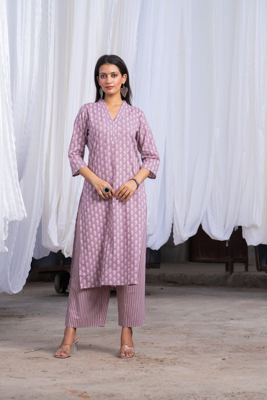 INDYES Floral Printed Sequinned Pure Cotton Straight Kurta With Palazzo for Women