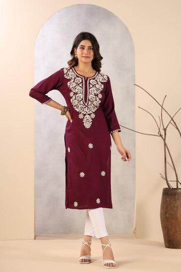 INDYES Burgundy Floral Chikankari Embroidered Kurta for Women
