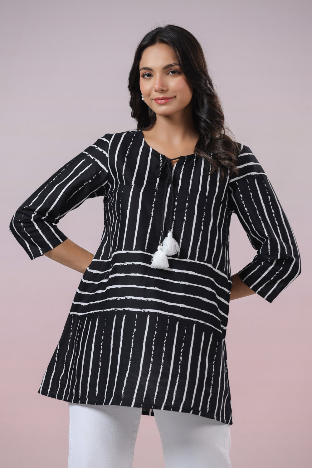 INDYES Black Striped Print Tie-up Neck Pure Cotton Kurti for Women