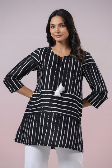 INDYES Black Striped Print Tie-up Neck Pure Cotton Kurti for Women