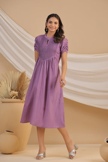 INDYES Self Design Keyhole Neck Puff Sleeves Pure Cotton A-Line Midi Dress for Women & Girls