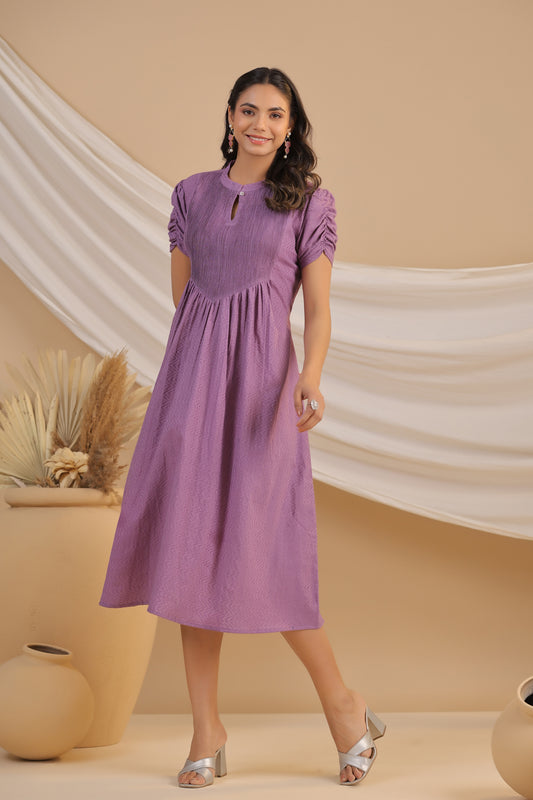 INDYES Self Design Keyhole Neck Puff Sleeves Pure Cotton A-Line Midi Dress for Women & Girls