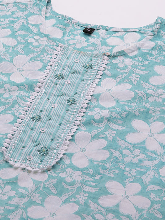 Floral Printed Regular Sequined Pure Cotton Kurta & Trousers With Dupatta