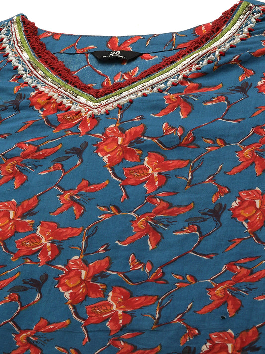 Floral Printed Straight Pure Cotton Kurta & Palazzos With Dupatta