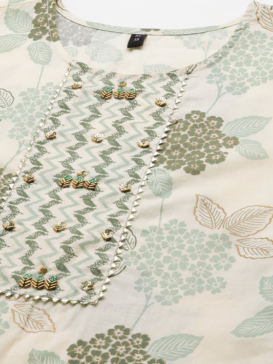 Floral Printed Regular Beads and Stones Pure Cotton Kurta & Trousers With Dupatta