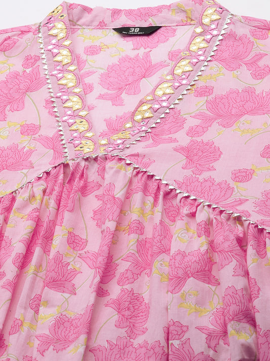 Floral Printed Gotta Patti Pure Cotton Kurta With Trousers
