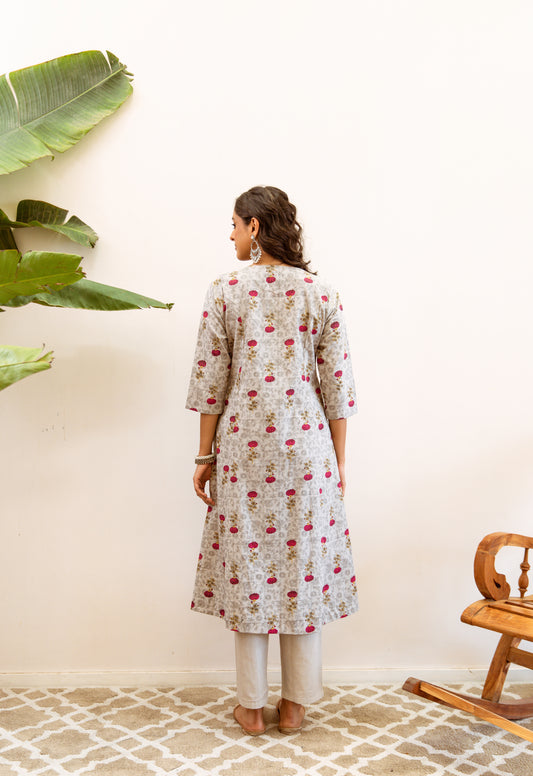 INDYES Floral Printed Panelled Linen A-Line Kurta With Trouser for Women