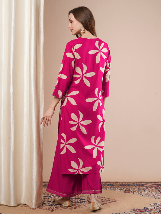 INDYES Floral Printed Regular Mirror Work Kurta with Palazzos for Women