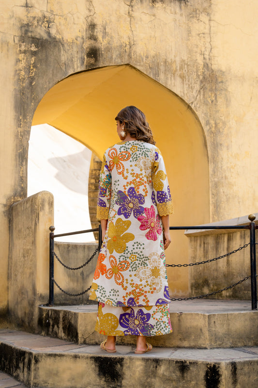 INDYES Floral Printed Regular Thread Work Pure Cotton Kurta with Palazzos for Women