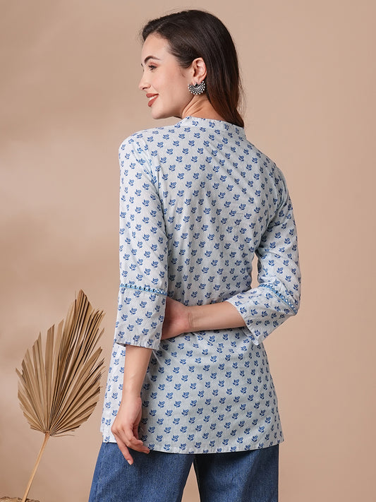 INDYES Floral Printed Mirror Work Pure Cotton Mirror Work Kurti for Women