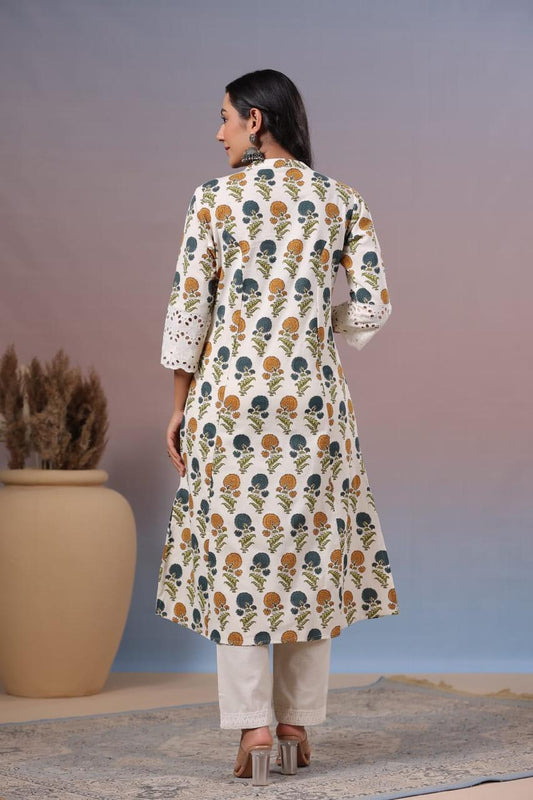 INDYES White Floral Print A-Line Shape Cotton Kurta for Women