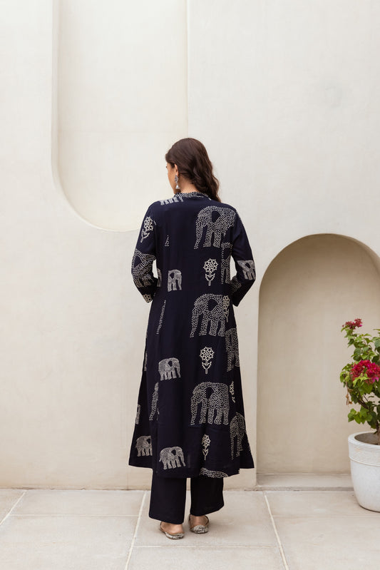 INDYES Animal Printed Panelled Rayon Kurta with Trousers for Women & Girls