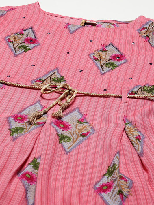 Women Pink Floral Midi Cotton Dress