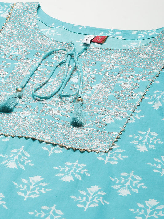 Women Turquoise Blue Ethnic Motifs Gotta Patti Cotton Kurta with Trousers & Dupatta