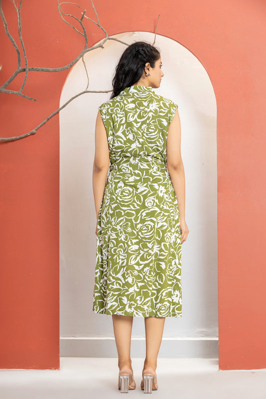 INDYES Quikry Print Collar Neck Waist Belt Midi Dress for Women