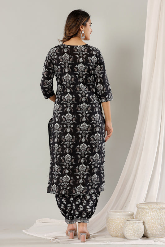 INDYES Black Floral Printed Sequinned Pure Cotton Kurta With Afghani Salwar & Dupatta for Women