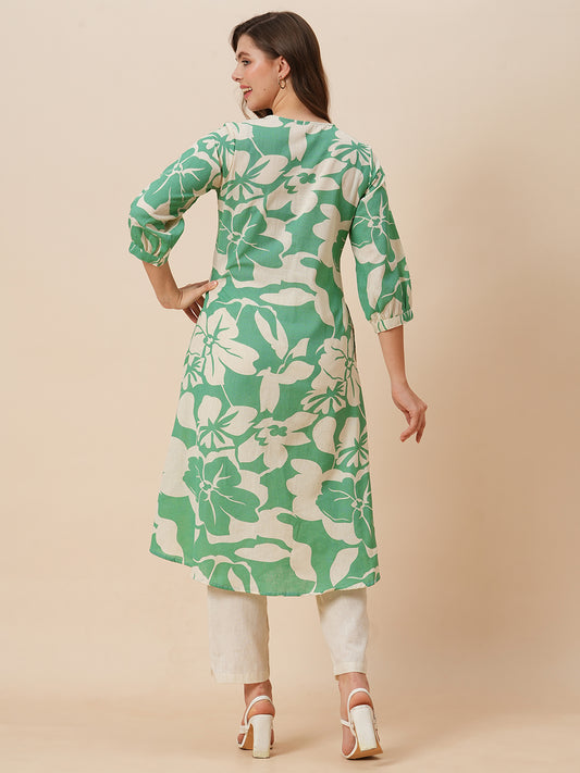 INDYES Green Floral Printed Pleated Pure Cotton Anarkali Kurta With Trouser for Women