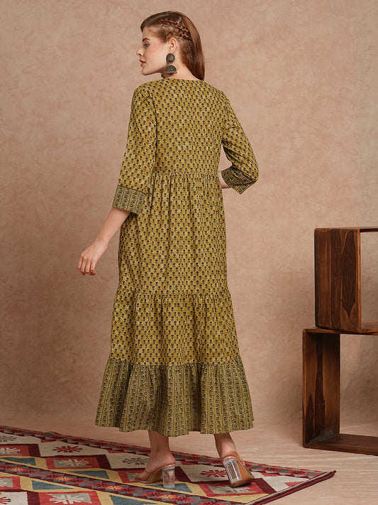 INDYES Ethnic Motifs Printed Round Neck Tiering Mirror Work Pure Cotton Anarkali Kurta for Women
