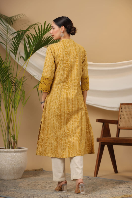INDYES Ethnic Motifs Printed Regular Pure Cotton Kurta with Trousers for Women