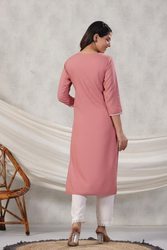 INDYES Peach Floral Chikankari Embroidered Kurta for Women