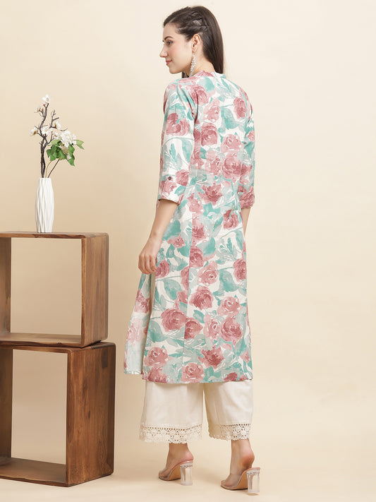 INDYES Floral Printed Roll-Up Sleeves Pure Cotton A-Line Kurta with Palazzos for Women