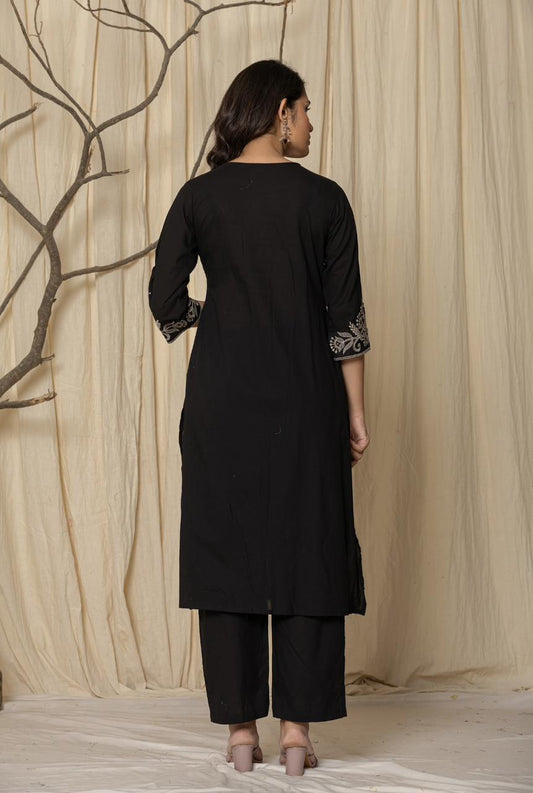 INDYES Black Pleated Thread Work Pure Cotton Kurta with Trousers for Women