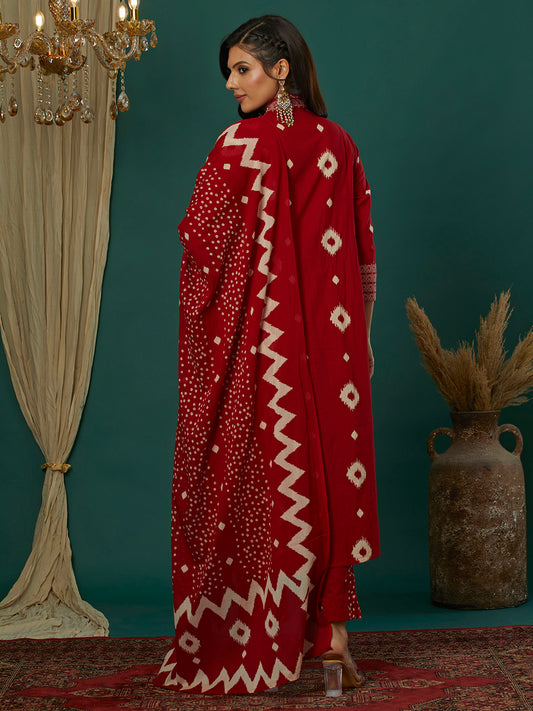 INDYES Bandhani Printed Pure Cotton Anarkali Kurta with Trousers & Dupatta for Women