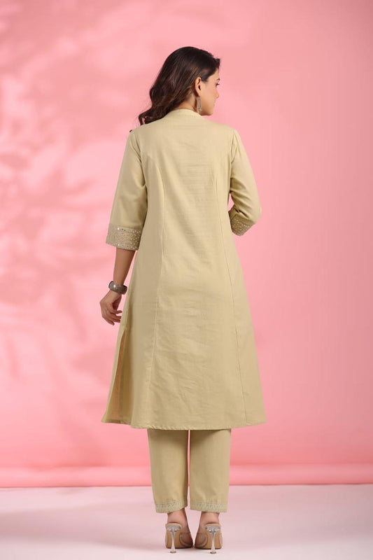 INDYES Beige Solid A-Line Mirror Work Cotton Kurta Pant Set for Women