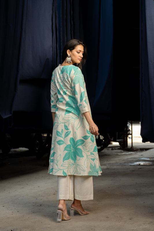 INDYES Floral Printed Regular Pure Cotton A-Line Kurta With Trousers for Women