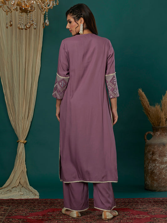 INDYES Geometric Embroidered Mirror Work Straight Kurta with Palazzos for Women
