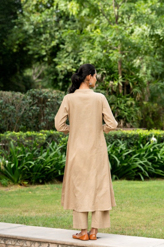 INDYES Coffee Brown Animal Embroidered Mandarin Collar Pure Cotton A-Line Kurta With Palazzos for Women