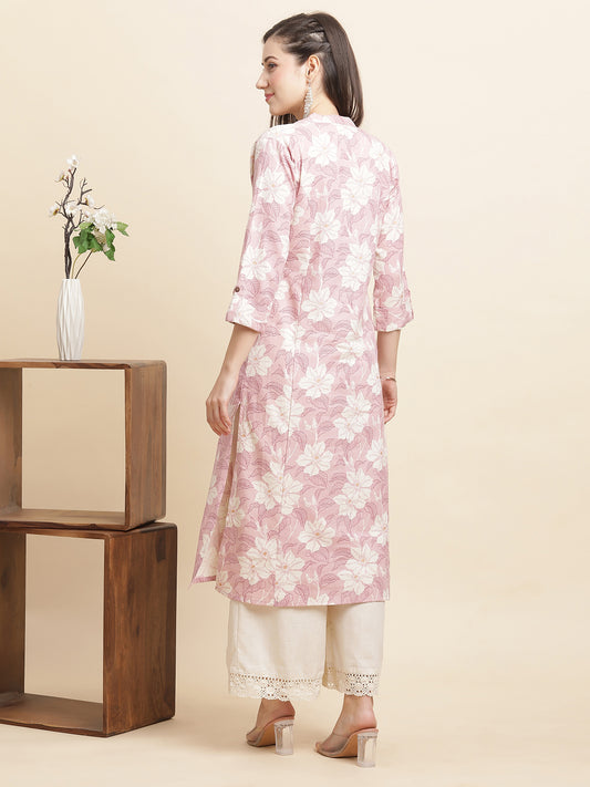 INDYES Floral Printed Roll-Up Sleeves Pure Cotton A-Line Kurta with Palazzos for Women