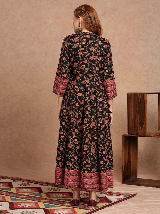 INDYES Floral Printed Mandarin Collar Sequins Anarkali Kurta for Women