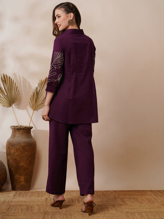 INDYES Embroidered Shirt With Trousers Co-Ords Set for Women