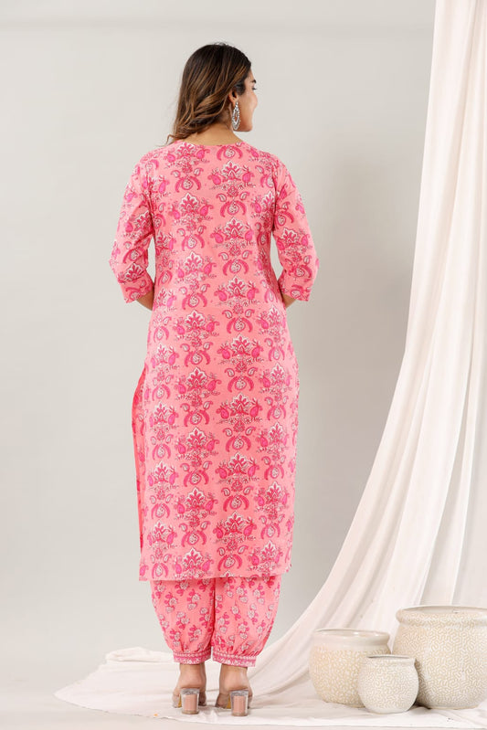 INDYES Floral Printed V-Neck Pure Cotton Straight Kurta with Salwar & Dupatta for Women