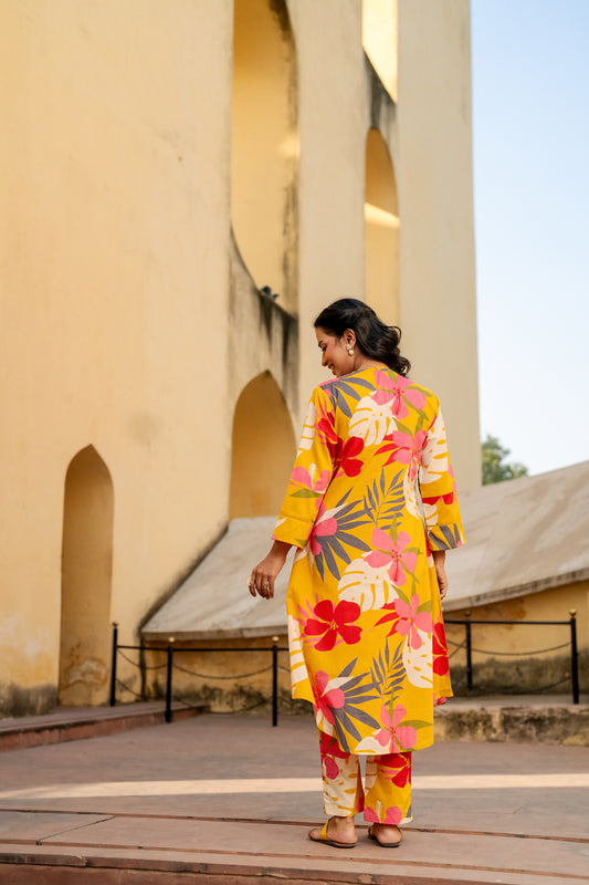 INDYES Floral Printed Regular Thread Work Pure Cotton Kurta with Trousers for Women