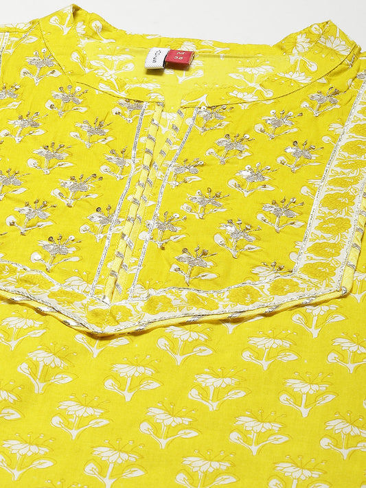 Leheriya Yoke Design Sequinned Pure Cotton Kurta With Trousers & Dupatta