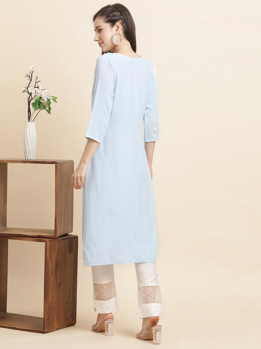 INDYES Floral Embroidered Thread Work Tie-Up Neck Straight Kurta for Women