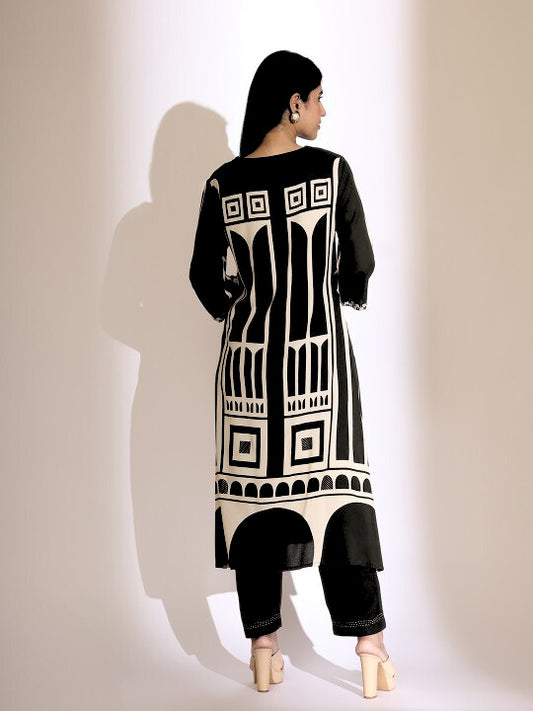 INDYES Geometric Printed V-Neck Kantha Work Kurta With Trousers for Women