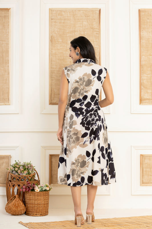 INDYES Floral Print Fit & Flare Midi Dress for Women