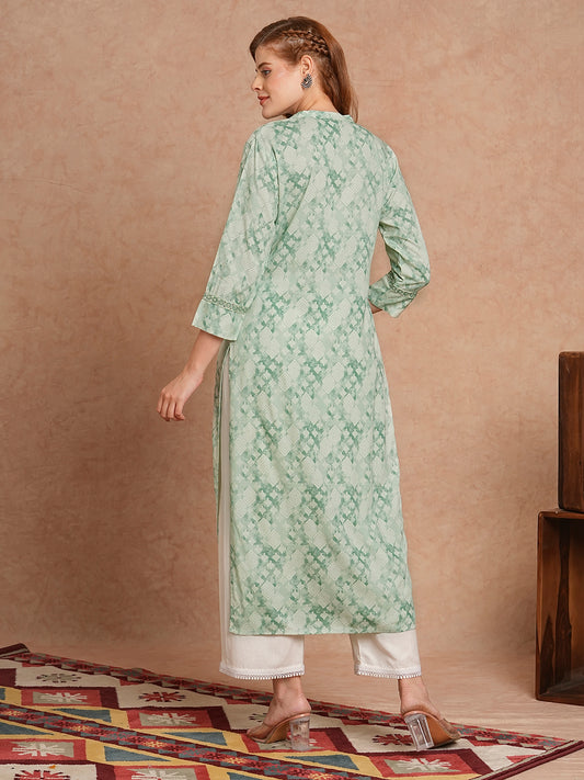 INDYES Geometric Yoke Design Three-Quarter Sleeves Mirror Work Kurta for Women