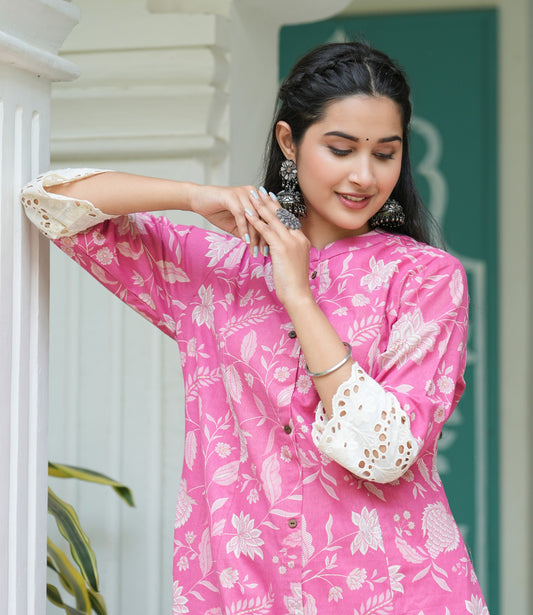 INDYES Pink Floral Print A-Line Shape Cotton Kurta for Women