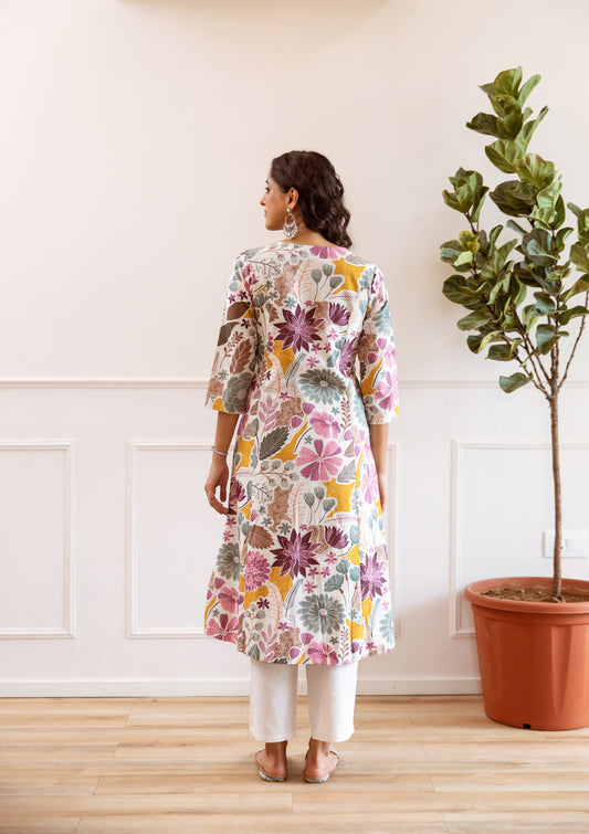 INDYES Floral Printed Pure Cotton Anarkali Kurta With Trouser for Women
