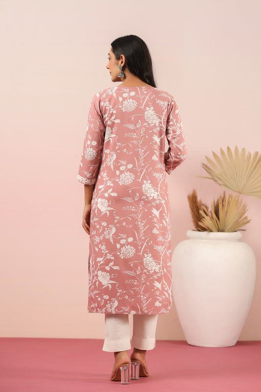 INDYES Peach Floral Print Chikankari Embroidered Straight Kurta for Women