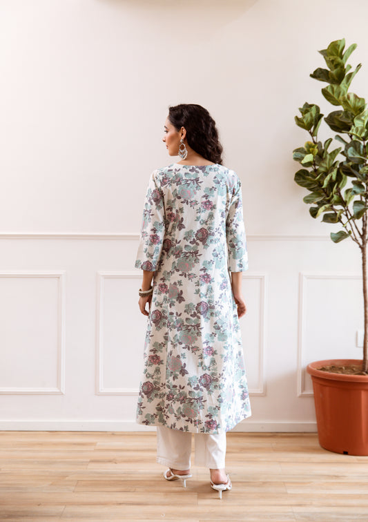 INDYES Floral Printed Pure Cotton A-Line Kurta With Trouser for Women