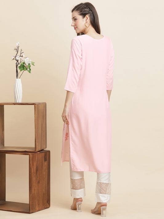 INDYES Floral Embroidered Tie-Up Neck Chikankari Straight Kurta for Women