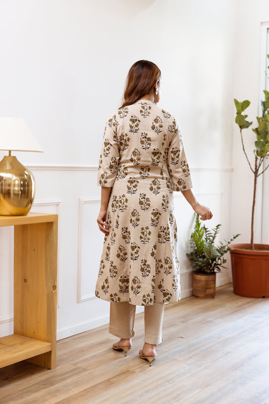 INDYES Floral Printed Regular Pure Cotton Kurta with Trousers for Women