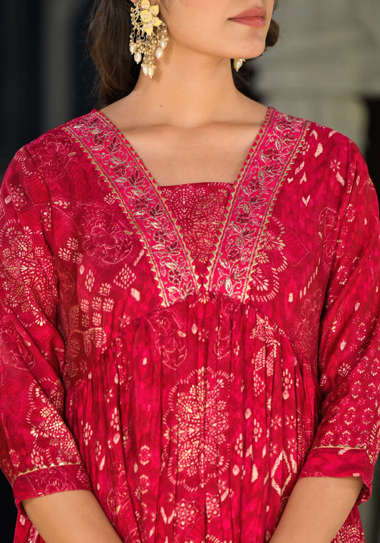 INDYES Red Silk Gold Print V Neck Embroidery Kurta with Pant & Dupatta for Women